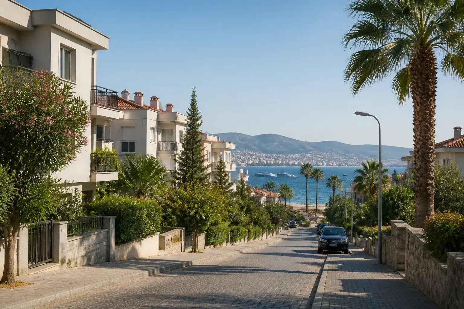 İzmir’de sahil ve konut dokusunu gösteren mahalle görünümü